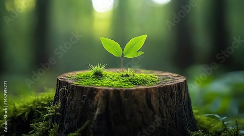 A sapling with two leaves on a mossy stump in a green forest.