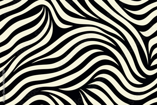 Abstract zebra stripes pattern in black and white with wavy lines creating a smooth, fluid texture for modern design concepts