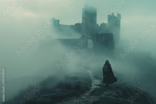 Cloaked person walking along a misty path toward ruins of a medieval castle surrounded by dense fog, evoking mystery and solitude