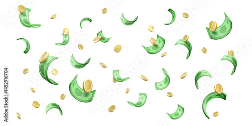 Money, Currency, Finance, Dollar Bills and Coins Flying in the Air in Seamless Pattern. Bright 3D Cartoon Style. Perfect for Financial Themes. Vector