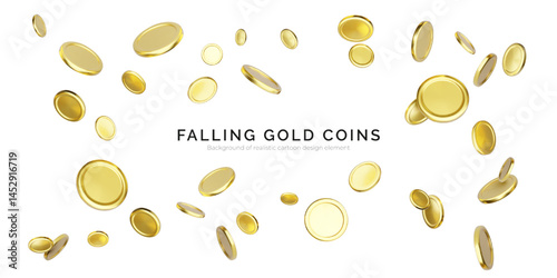 Gold Coin, Money, Currency, and Wealth Concept with Shiny Coins Falling on White Background. Ideal for Finance, Jackpot, or Casino Themes. 3D Cartoon Style. Vector