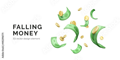 Money, Cash, Currency, Wealth, Finance — 3D Cartoon of Falling Dollar Bills and Coins in Mid-Air Motion. Vector
