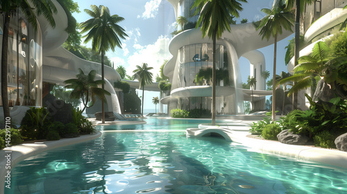 Modern tropical resort with futuristic curved buildings, palm trees, waterfalls, and a luxury pool reflecting bright sunlight
