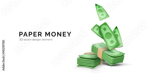 Cash Stack with Flying Dollar Bills in 3D Cartoon Style. Financial Success, Banking, and Earnings Concept on White Background. Great for UI or App Use. Vector