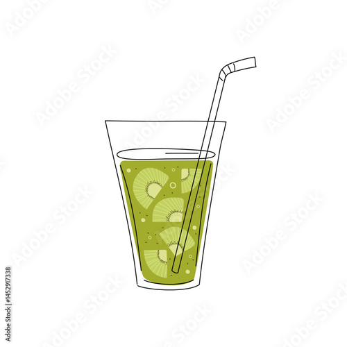 Kiwi juice glass. Natural lemonade in a drinking glass, healthy drink, food, smoothie, detox with fruit, kiwi slices. Healthy Eating. Summer refreshing drink. Doodle illustration.