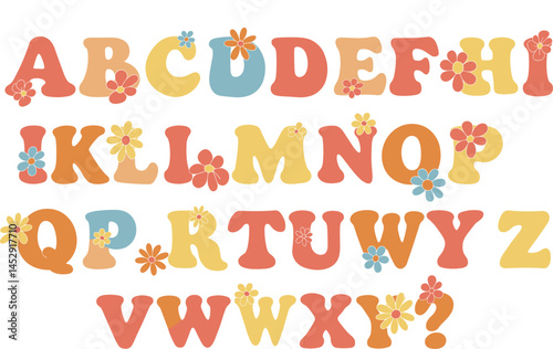 Vector groovy psychedelic alphabet. Contemporary psychedelia fun hand drawn font