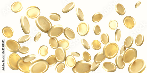 Gold Coins Falling on White Background in Dynamic Motion, Ideal for Finance, Cryptocurrency, Jackpot, or Game Reward Concepts. 3D Rendered Vector