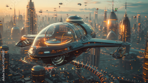 Sleek flying car soars through a high-tech sci-fi metropolis with glowing orange lights and tall futuristic buildings
