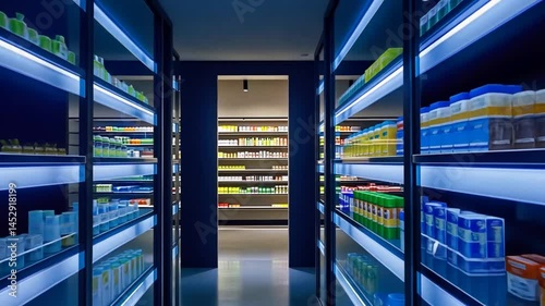 Modern pharmacy aisle with illuminated shelves