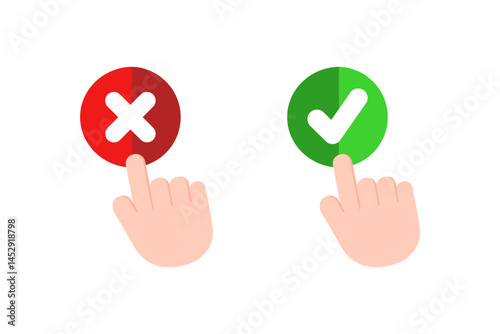 Hand selecting check mark and cross mark. Decision, choice, option, solution, success, correct, fail, reject, decline concepts. Flat vector design isolated illustration.