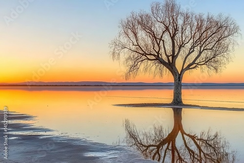 Sunrise over tranquil lake, lone tree reflection