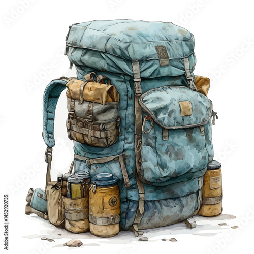 Camouflage Backpack Filled With Gear, watercolor vector, isolated on a white background.