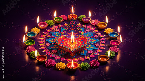 Vibrant Diwali Rangoli Arrangement Illuminated Decorative Diyas Colorful Floral Centerpiece Deep Purple Background Symbolizing Prosperity Festive Joy Perfect Holiday Greeting Cards Celebratory Designs