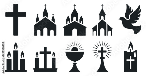 Collection of Christian Religious Symbols Icons Churches, Crosses, Candles, Dove, Chalice on White Background