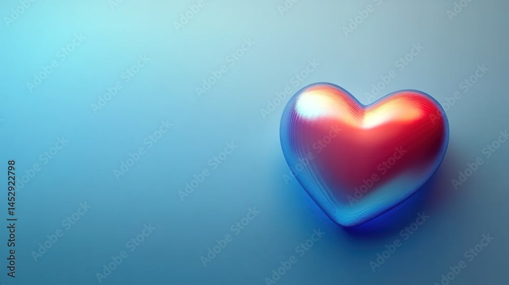 Fototapeta premium Red heart-shaped object with hair-like fibers on a blue gradient background, casting a shadow.