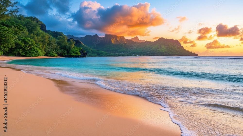 Fototapeta premium Tranquil beach sunset turquoise water golden sky sandy shore