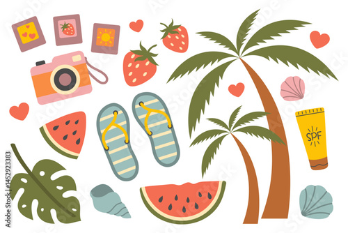 summer, vacation, beach, tropical, holiday, sun, travel, palm, tree, watermelon, fruit, strawberry, camera, photo, flipflops, slippers, sandals, sunscreen, SPF, shell, seashell, leaf, exotic, ocean, s