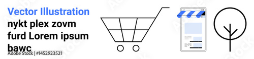 Shopping cart, storefront with awning banner, and abstract tree outline. Ideal for retail, e-commerce, online store, sustainable shopping, consumer services, eco-friendly branding simple landing