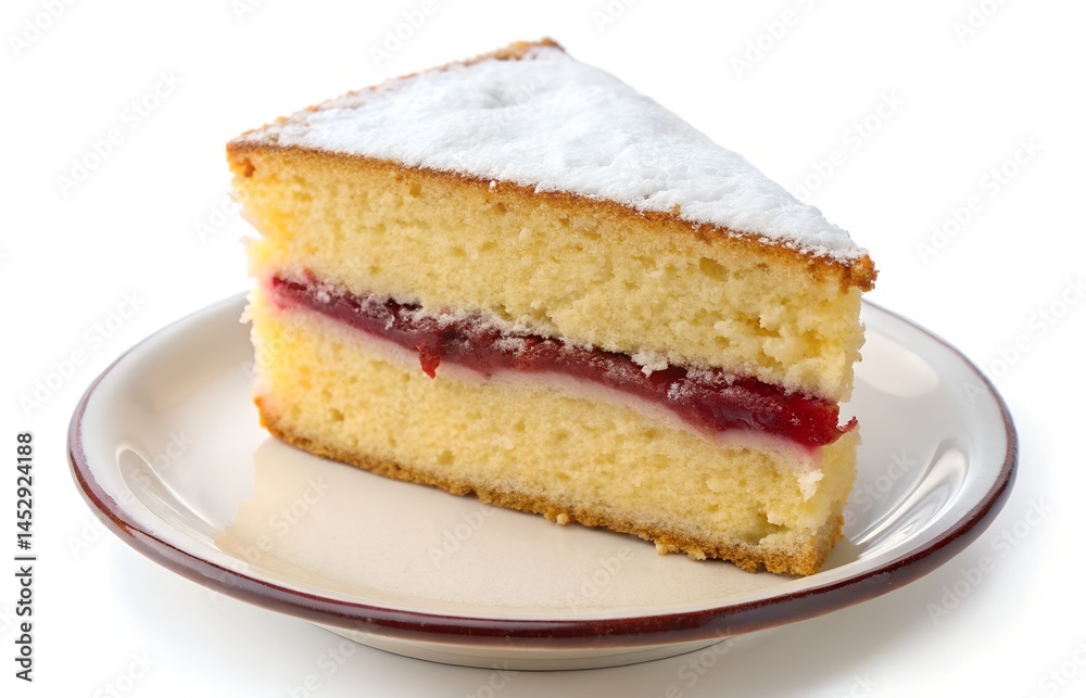 Victoria Sponge Cake Slice on a Single Plater on White Background Victoria Sponge Cake Slice on a Single Plater on White Background