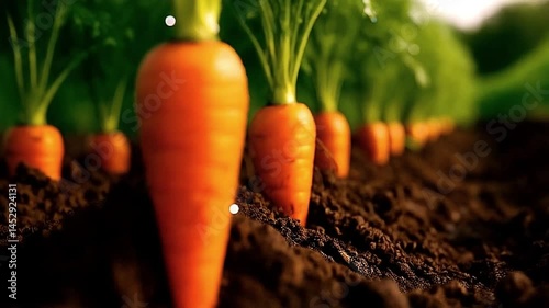 Fresh Carrots Growing in Soil with Green Tops and Morning Dew