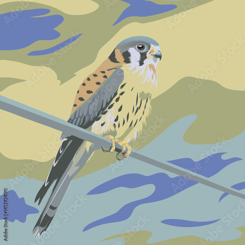 American Kestrel perched on powerline with dramatic cloudy sky, perfect for nature and bird-themed digital art or photography.