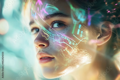 A woman's face with glowing data projections, hinting at technology, information, and a futuristic connection to data streams.