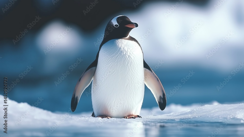 A Gentoo penguin stands on ice looking leftward