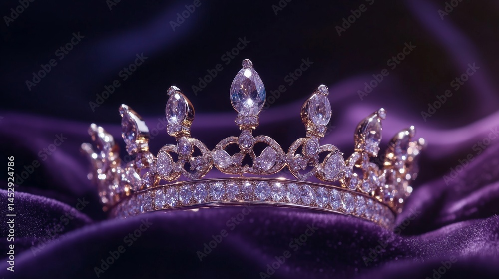 A regal golden diamond crown sitting against a royal purple