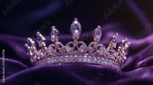 A regal golden diamond crown sitting against a royal purple