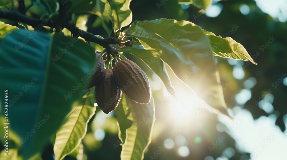 Cocoa pods growing on tree, ripe and ready for harvest