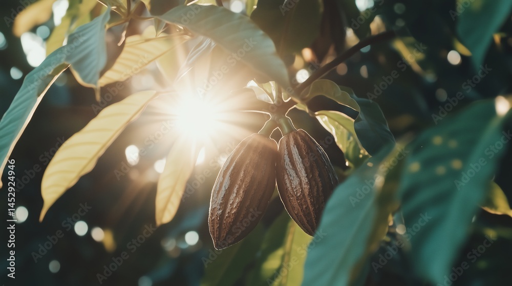 Cocoa pods growing on tree, ripe and ready for harvest
