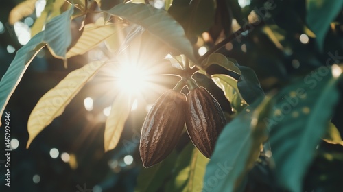 Obraz na płótnie Cocoa pods growing on tree, ripe and ready for harvest w salonie