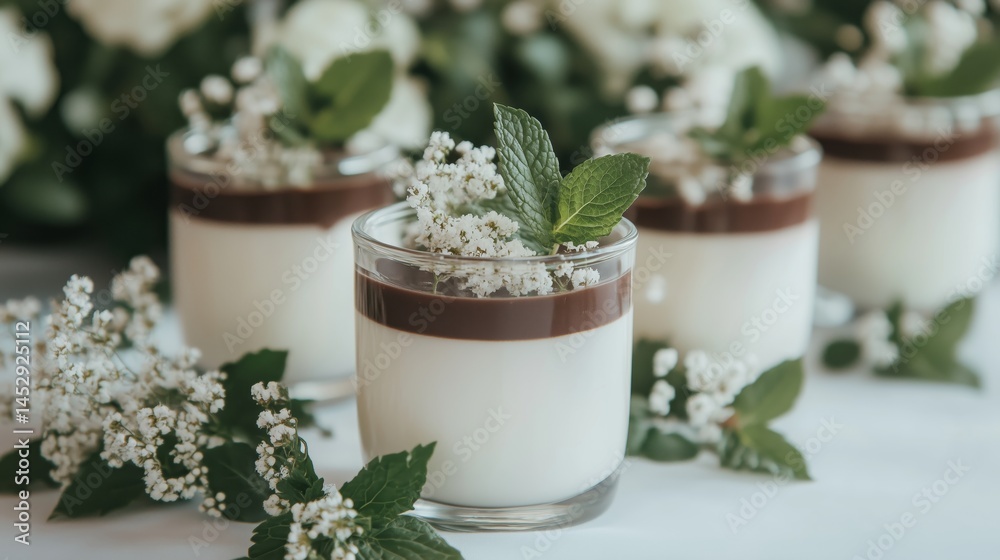 Creamy panna cotta in glass jars garnished