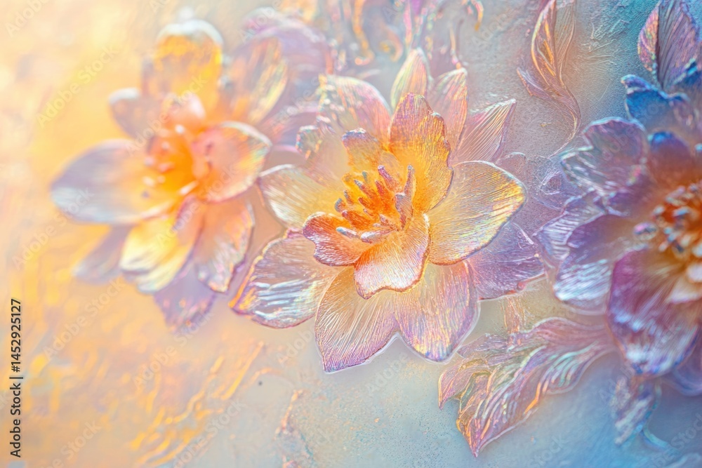 Abstract floral background with a soft, dreamy aesthetic featuring iridescent and translucent petals in pastel hues. Abstract floral background with a soft, dreamy aesthetic featuring iridescent and translucent petals in pastel hues.