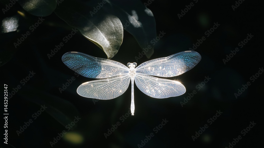 Dragonfly wings shimmer softly in warm sunlight amid lush