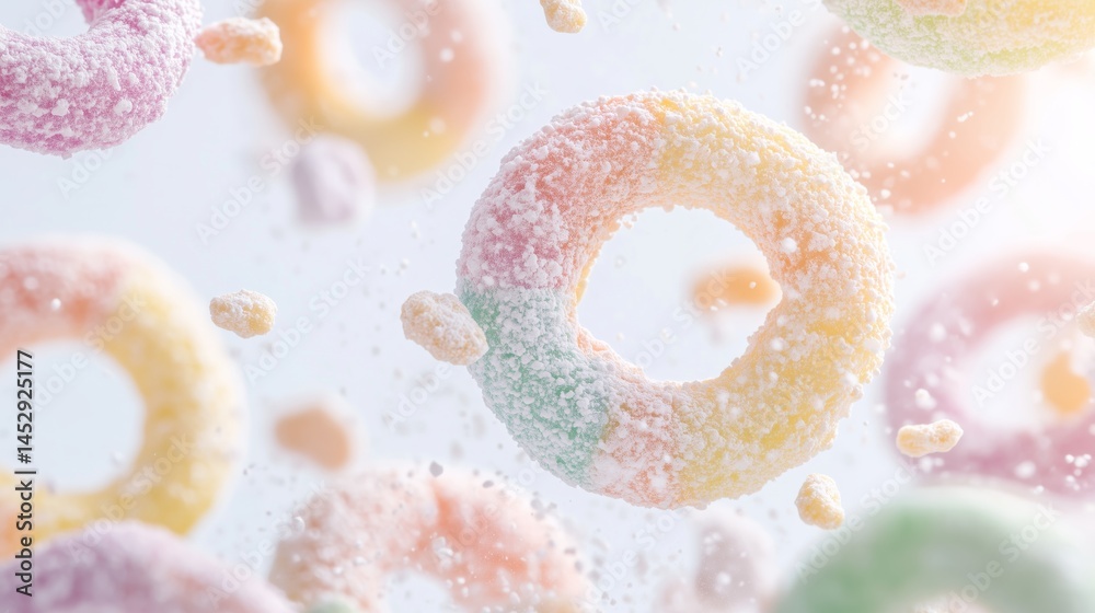 Exploding fruity colorful cereal pebbles rings