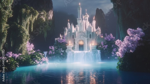 Enchanting stone castle, misty forest setting, whimsical design