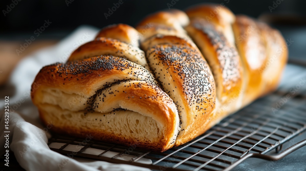 Freshly baked poppy seed roll on cooling rack
