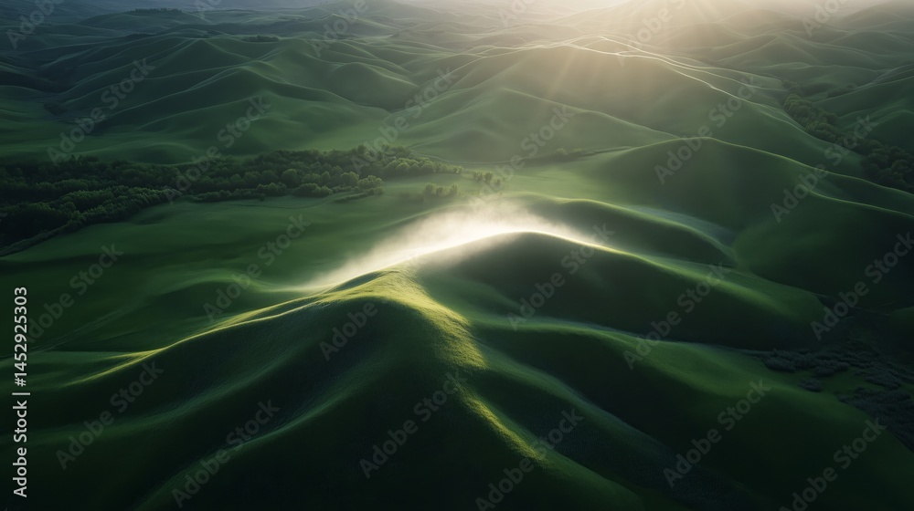 Fairy dust trail shimmering over rolling green hills