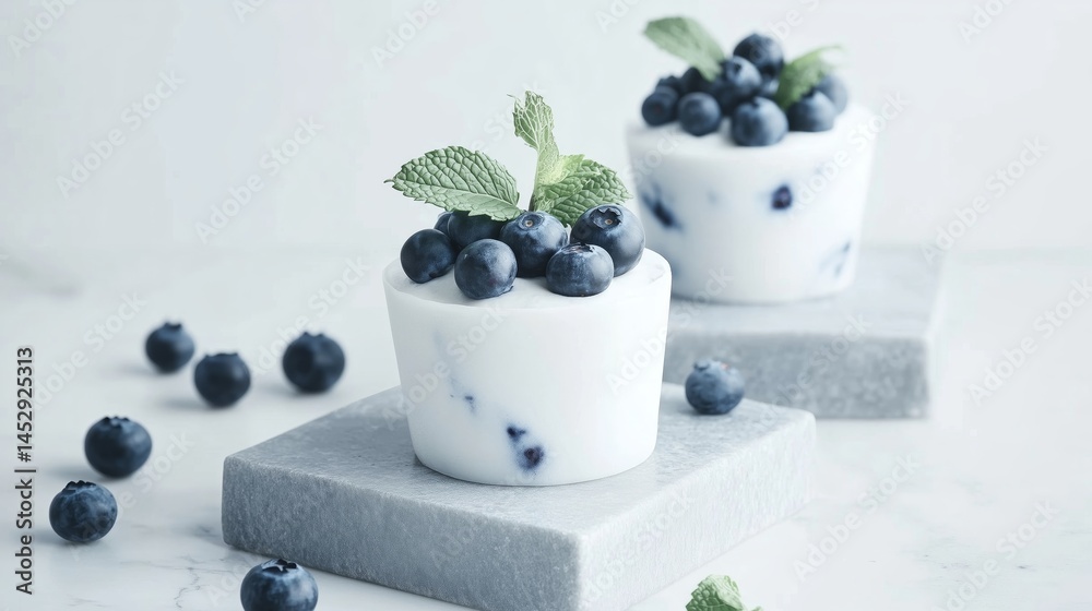 Fresh blueberry muffins topped with mint leaves