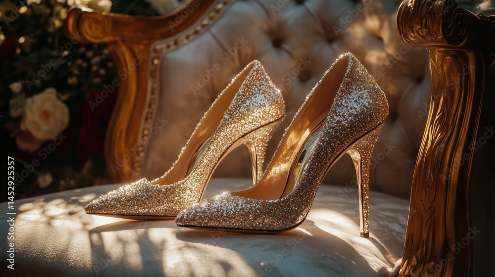 Gold Glitter Heels on Upholstered Chair