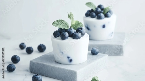 Obraz na płótnie Fresh blueberry muffins topped with mint leaves w salonie