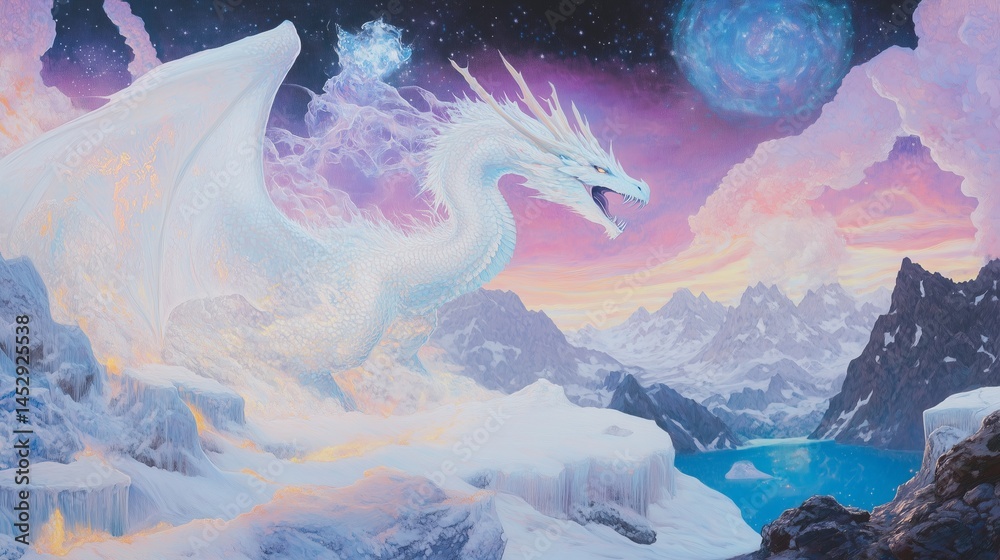Majestic ice dragon looms over fiery landscape