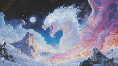 Obraz na płótnie Majestic ice dragon looms over fiery landscape w salonie