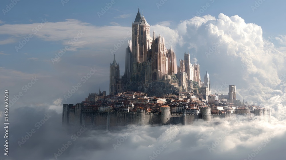 Fototapeta premium A breathtaking castle rises above the clouds, showcasing an epic and fantastical medieval kingdom.