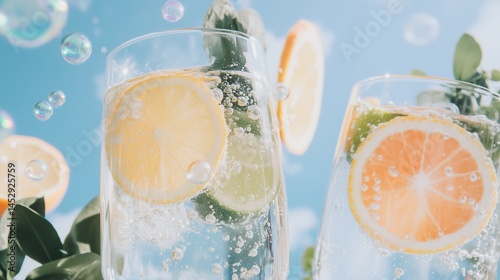 Obraz na płótnie Refreshing summer drinks in clear glass cups w salonie