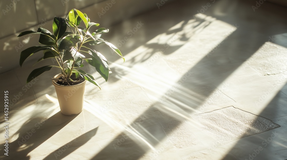 Sunbeams on Ancient Stone Floor with Plant