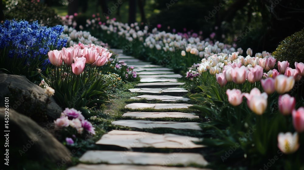 Vibrant Tulip Pathway Through a Lush Spring Garden