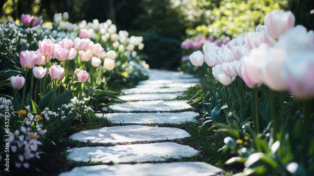 Vibrant Tulip Pathway Through a Lush Spring Garden