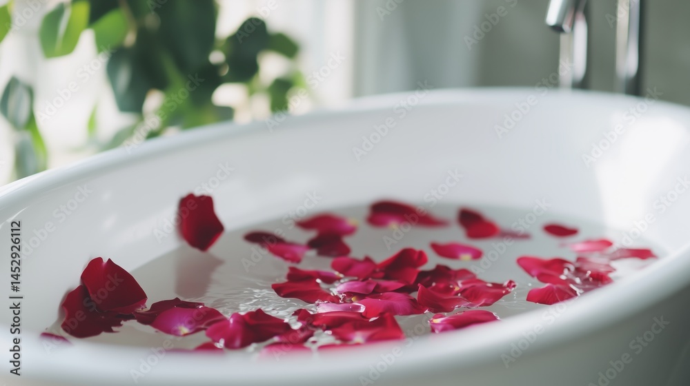 White bathtub filled with red rose petals
